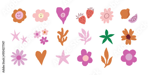 Vector hand drawn whimsical illustrations in doodle sketch style, flowers and hearts, love and floral theme, wedding cards, invitations and stationery