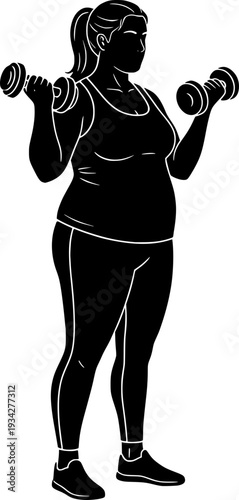 Plus size woman silhouette exercising with dumbbells. Concept of body positivity, inclusive fitness, strength training, and healthy lifestyle for all body types on white background.