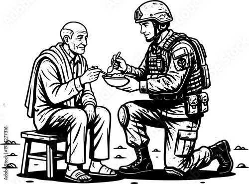 Humanitarian aid concept vector illustration. A soldier in tactical gear kneeling and feeding an elderly man. Black and white scene of compassion, peace mission, and social support.