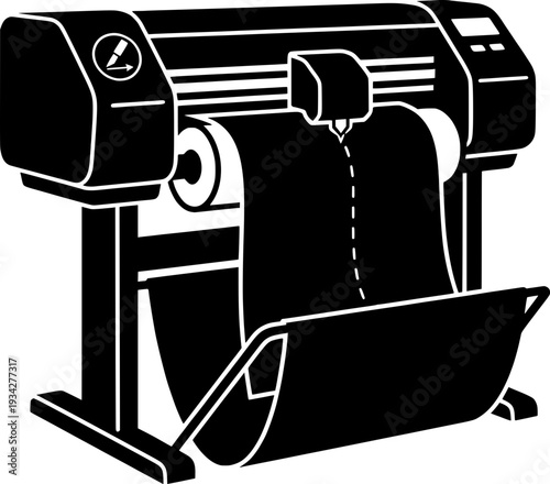 Professional vinyl cutter plotter machine for sign making and graphic design industries. Black and white vector illustration of wide format printing and digital cutting equipment.