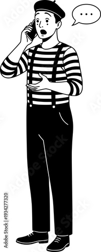 Humoristic vector illustration of a French mime talking on a smartphone with a speech bubble. Concept of breaking character, modern communication, and irony in black and white style.