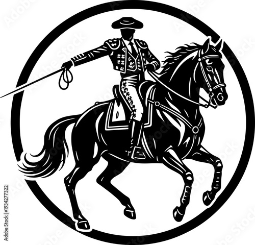 Traditional Spanish rejoneador or charro riding a horse in a circular frame. Black and white vector illustration of a bullfighter on horseback with classic costume and equipment.