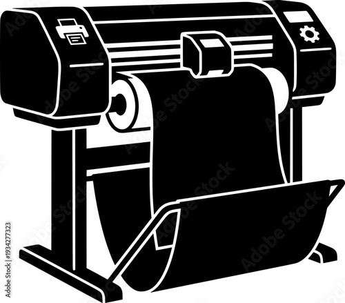 Professional wide format printer or plotter for vinyl cutting and large scale printing. Black and white vector illustration of industrial printing equipment and graphic design tools.