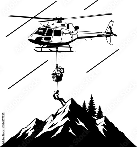 Rescue helicopter performing a mountain hoist operation during a storm. Black and white vector illustration of emergency medical services, alpine rescue, and extreme outdoor safety.