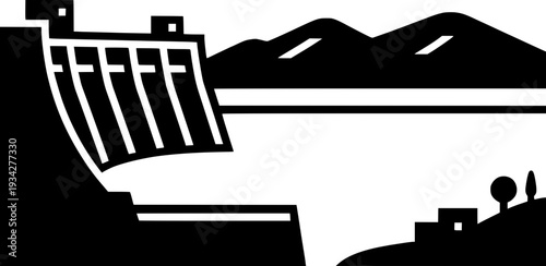 Hydroelectric dam silhouette with mountain landscape. Vector illustration of renewable energy infrastructure, water reservoir, and sustainable power plant in minimalist black and white.