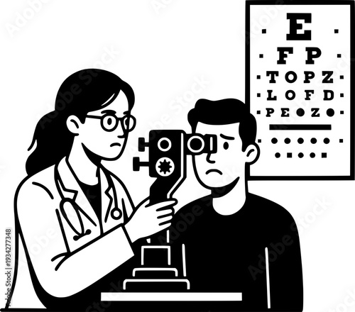 Female optometrist or ophthalmologist examining a patient's eyes using professional equipment and an eye chart. Black and white vector illustration of eye care and vision testing.
