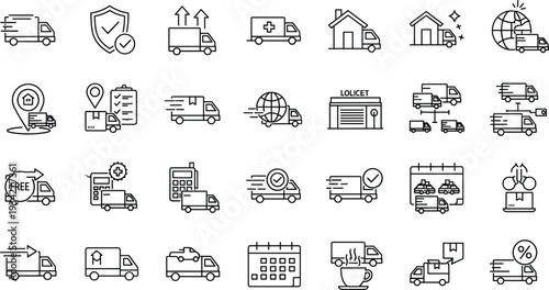 Delivery service line icons set, logistics shipping truck courier warehouse vector outline collection isolated on white