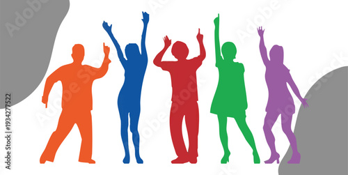 High-quality colorful silhouettes of people with arms raised in excitement and success. This premium vector EPS file represents victory, teamwork, and positive energy for motivational and commercial.