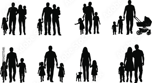 Family Silhouette Collection Vector Illustration, Parents Walking with Children and Baby Stroller Isolated on White Background, Happy Family Lifestyle Set