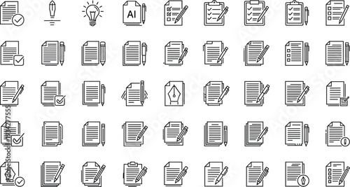 Document editing and checklist line icons set, report writing approval vector outline collection isolated on white