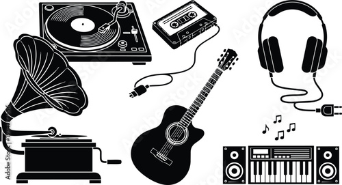 Minimalist black vector art set of vintage gramophone turntable cassette guitar headphones and keyboard icons arranged flat overhead view with bold contrast clean modern monochrome isolated