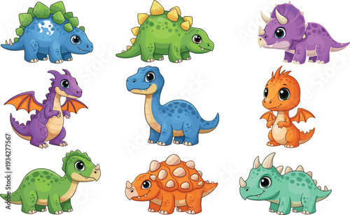 Collection of cute cartoon baby dinosaurs including triceratops stegosaurus and t-rex characters isolated on white background for children nursery decor and educational stickers.