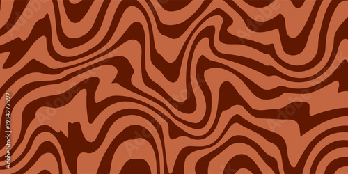 Retro coffee color background. Milk chocolate liquid dessert texture. Wavy swirl candy pattern for poster, cover, banner, pamphlet. Vintage brown trippy hippie wallpaper in 60s or 70s style. Vector