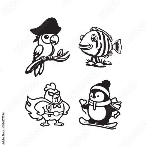 A parrot, fish, duck, and penguin are all dressed in winter clothing, enjoying a snowy day together