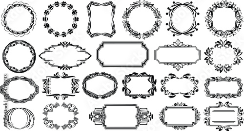 Vintage vector frames pack close up ornate decorative labels and wreath badges in black line art set arranged in rows isolated on white background high contrast