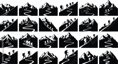 Mountain Hiking and Climbing Silhouette Icon Set Vector Illustration, Backpackers Trekking on Peaks and Trails Isolated on White Background Adventure Collection