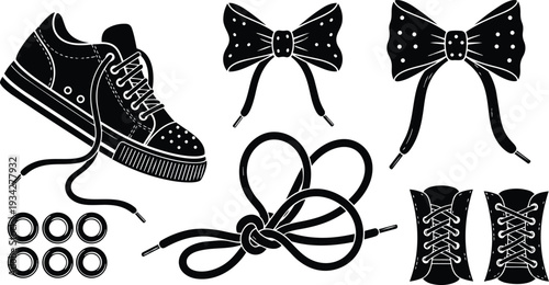 Minimalist vector close up of black sneaker and loose shoelace knot with bow elements eyelets aglets and two angled laces under soft flat lighting studio illustration