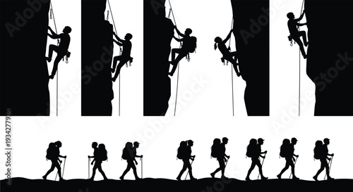 Rock Climbing and Hiking Silhouette Collection Vector Illustration, Mountaineer Rappelling on Steep Cliff and Backpacker Trekking Isolated on White Background Adventure Set