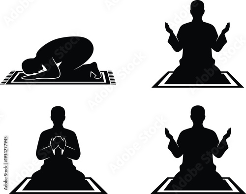 Muslim Prayer Positions Set Silhouette Vector Illustration, Islamic Salah Namaz Steps on Prayer Mat Isolated on White Background, Religious Worship Postures Collection