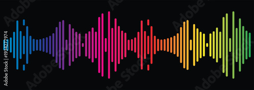 Colorful music waveform equalizer sound wave spectrum on black background, modern audio frequency visualization, digital sound signal graphic design