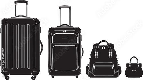 Four travel luggage bags of different sizes in a row