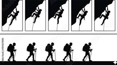 Rock Climbing and Hiking Silhouette Set Vector Illustration, Mountaineer Rappelling on Cliff and Backpacker Trekking Isolated on White Background Adventure Collection