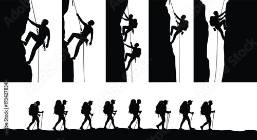 Rock Climbing and Hiking Silhouette Set Vector Illustration, Mountaineers Rappelling on Steep Cliffs and Backpackers Trekking Isolated on White Background Adventure Collection