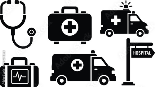 Flat medical icon set close up stethoscope first aid defibrillator ambulance multiple angles hospital sign simple black vector artwork svg png mockup included isolated scalable