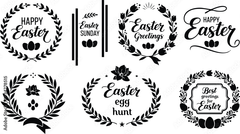 Fototapeta premium Minimalist black laurel wreath vector with egg cluster and tulip accent top view ornamental badge frame for easter greetings with calligraphy lettering and ribbon flourish mockup