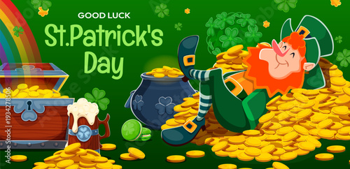 Happy St Patrick's Day banner with leprechaun and shamrock clovers, vector greeting card. Funny leprechaun character lying on gold coins, Irish holiday beer and rainbow for Saint Patrick's Day banner