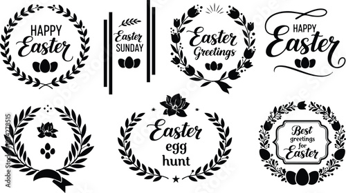 Minimalist black laurel wreath vector with egg cluster and tulip accent top view ornamental badge frame for easter greetings with calligraphy lettering and ribbon flourish mockup