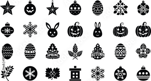 Flat vector icon set close up seasonal holiday symbols including pumpkins easter eggs christmas baubles snowflakes stars leaves and bunny faces in black silhouette minimal style