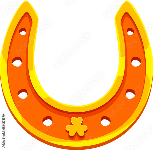 Golden lucky horseshoe, cartoon vector fortune charm. Happy St Patrick's day horse shoe with clover sign. Traditional symbol of luck, success, prosperity, leprechaun treasure, isolated Irish talisman
