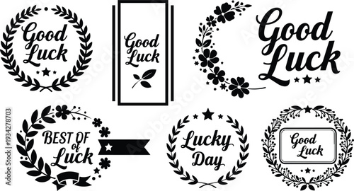 Vintage wreath badges set with good luck lettering floral laurels ribbon stars framed emblems in black silhouette vector art for labels and greeting card designs print