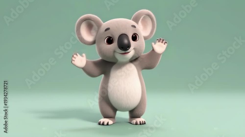 Cute 3D Cartoon Koala Waving on Green Background