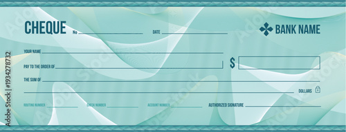 Blank bank cheque, money bill check, gift voucher or donation certificate with guilloche pattern. Vector checkbook template, professional financial document layout for secure finance transactions
