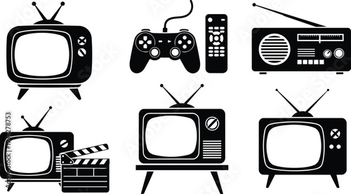 Minimalist vector art vintage television radio and game controller icons set top view varied angles retro tv with antenna remote and clapperboard bold black silhouettes simple