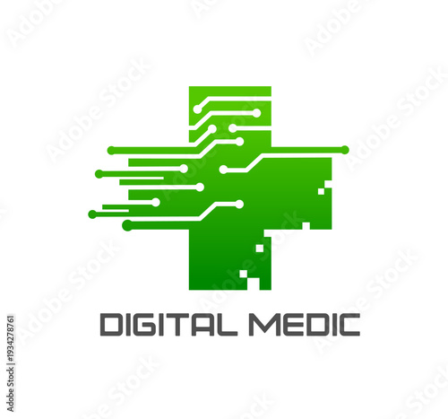 Digital health icon, pharmacy or hospital symbol, medical care technology. Modern vector green medical cross with circuit lines, symbolizing healthcare, telemedicine and innovative medical services