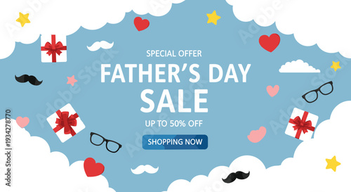 Father's Day Sale promotional banner with special offer discount up to 50 percent off shopping now button cad drawing flat vector illustration