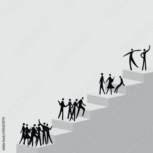 Crowd of people moving up the stairs towards the top level. Concept of competitive journey, leadership development, and reaching the peak of success in business or life.