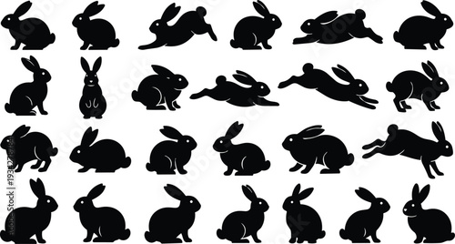 Minimalist vector art sheet of rabbit silhouettes in various poses including hopping leaping sitting crouching and running isolated on white background with black shapes side view
