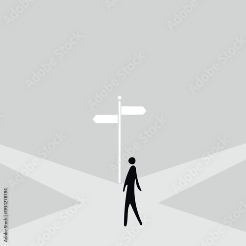 Person standing at a fork in the road looking at a directional signpost. Concept of making a difficult choice, career decision, finding a life path, and facing a crossroads in business