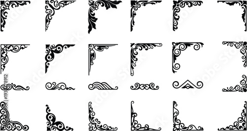Vintage ornamental corner vector set showing twenty decorative flourishes and filigree corner frames arranged in grid black silhouettes on white background flat style textures simple shapes