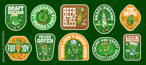 Patrick's day hippie groovy stickers for Irish holiday, vector retro label patches. Y2K groovy stickers, funky green ale beer pint character, cartoon donut and shamrock clover with St Patrick quotes