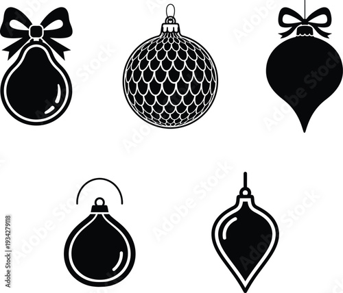 Black and white Christmas tree ornaments in various shapes and designs