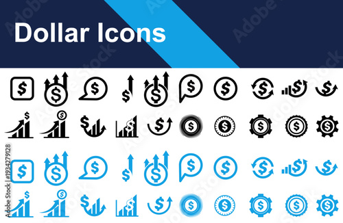 Dollar icon in black and Blue color and Flat style.