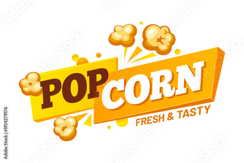 Cinema popcorn crunchy sweetcorn icon or patch. Movie crunchy dessert badge, takeaway cafe salty meal vector label. Fast food sweet snack cartoon icon or emblem with flying popcorn and typography