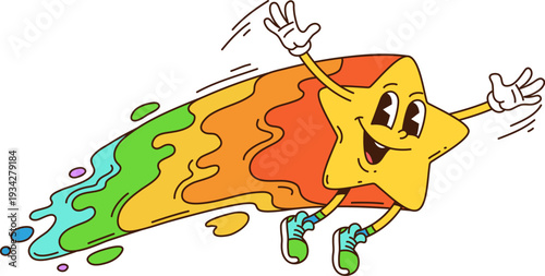 Space shooting star cartoon groovy funny character. Astronomy funky character, cosmos and space groovy isolated vector personage. Galaxy shooting and falling star cheerful happy smiling mascot