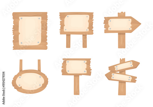 A set of wooden signs and plaques with paper on a white background. Directional signs.