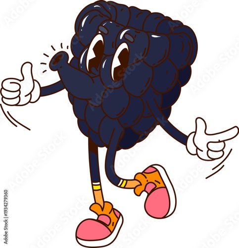 Cartoon groovy blackberry character whistling and dancing. Isolated vector naughty comic berry retro personage. Cute and funny ripe fruit wearing vintage gloves and sneakers express positive emotions